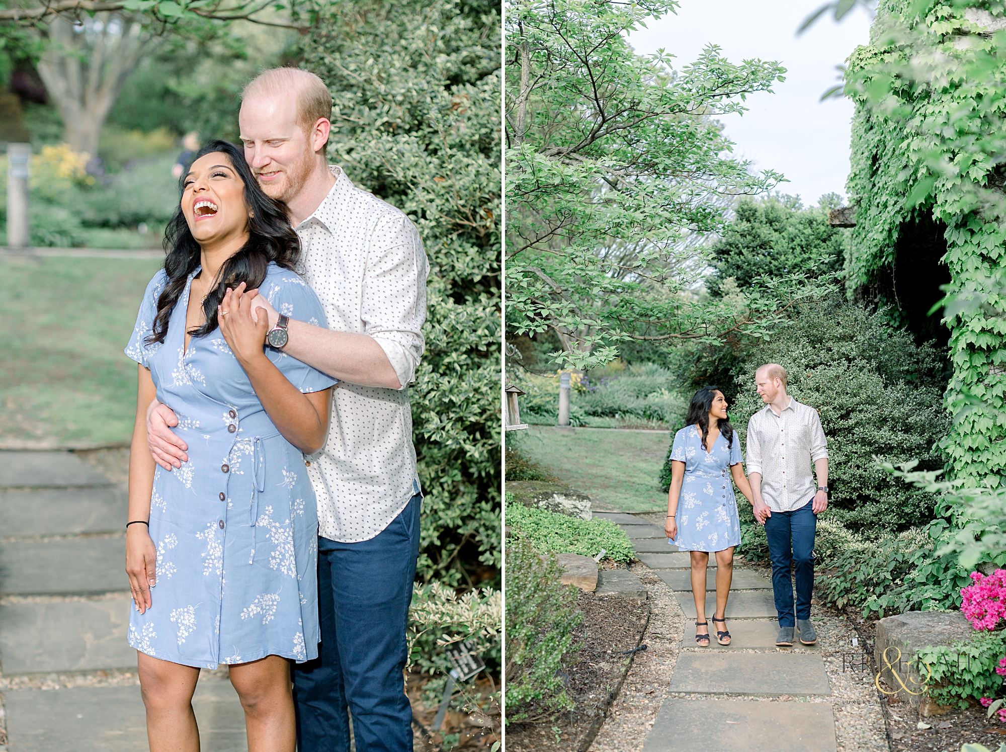 Custom gold engagement ring. Raleigh engagement photography taken at the JC Raulston Arboretum and Downtown Raleigh North Carolina. Photography by Rebekah & Grace Photography.