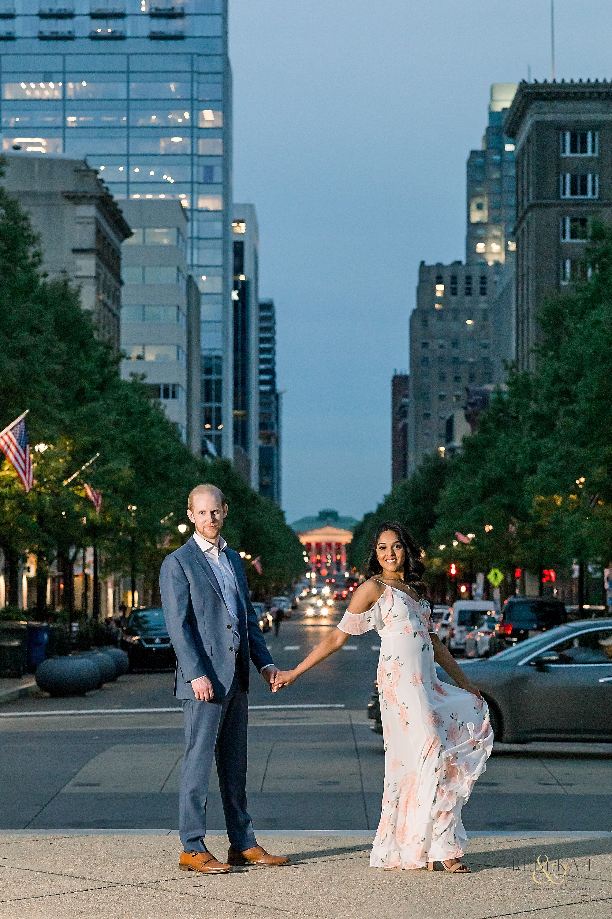 Engagement Photography | Night city lights in Downtown Raleigh, North Carolina. | Photography by Rebekah & Grace Photography.