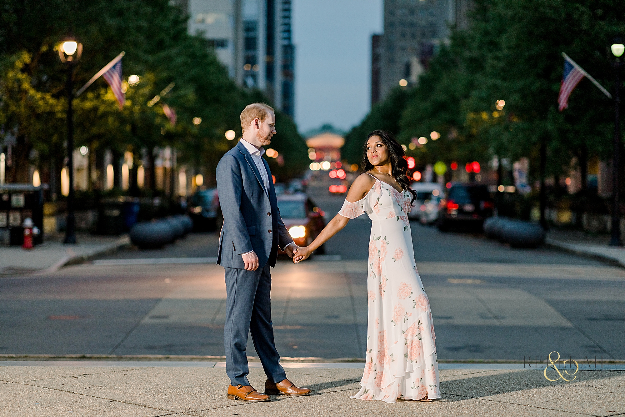 Engagement Photography | Night city lights in Downtown Raleigh, North Carolina. | Photography by Rebekah & Grace Photography.