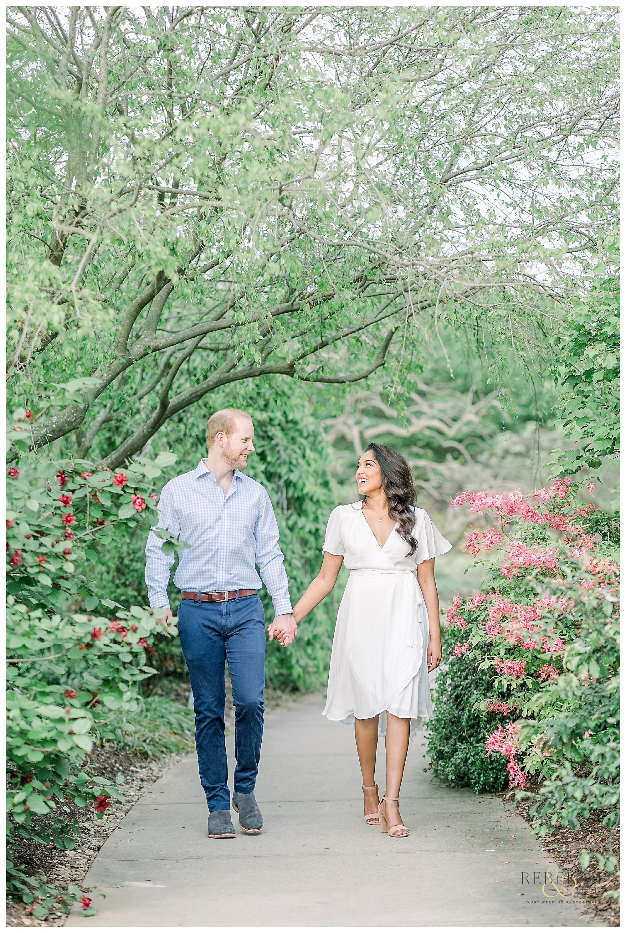 Custom gold engagement ring. Raleigh engagement photography taken at the JC Raulston Arboretum and Downtown Raleigh North Carolina. Photography by Rebekah & Grace Photography.