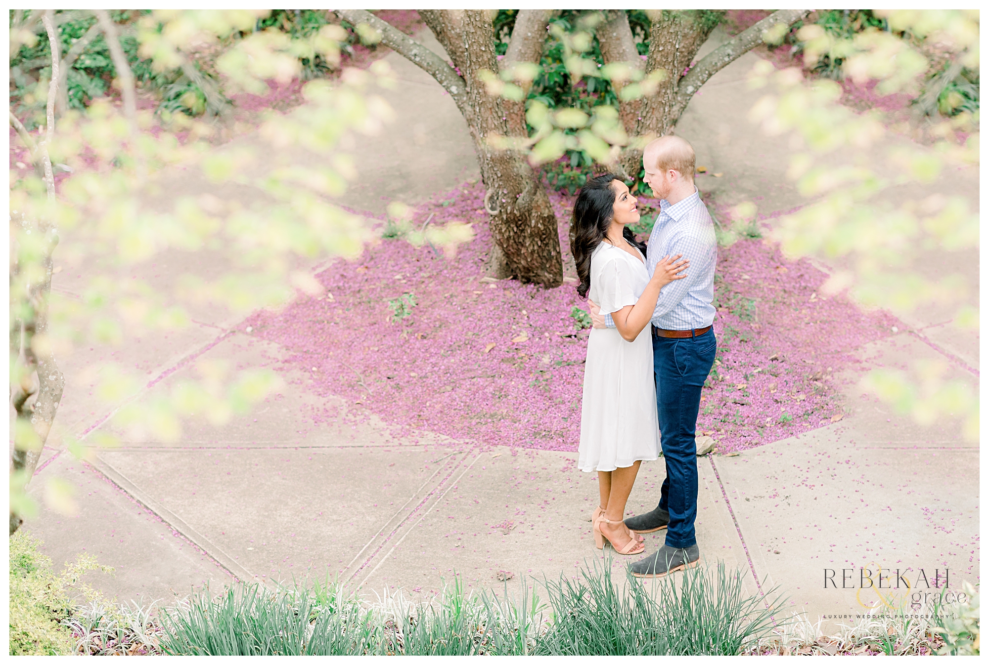 Custom gold engagement ring. Raleigh engagement photography taken at the JC Raulston Arboretum and Downtown Raleigh North Carolina. Photography by Rebekah & Grace Photography.