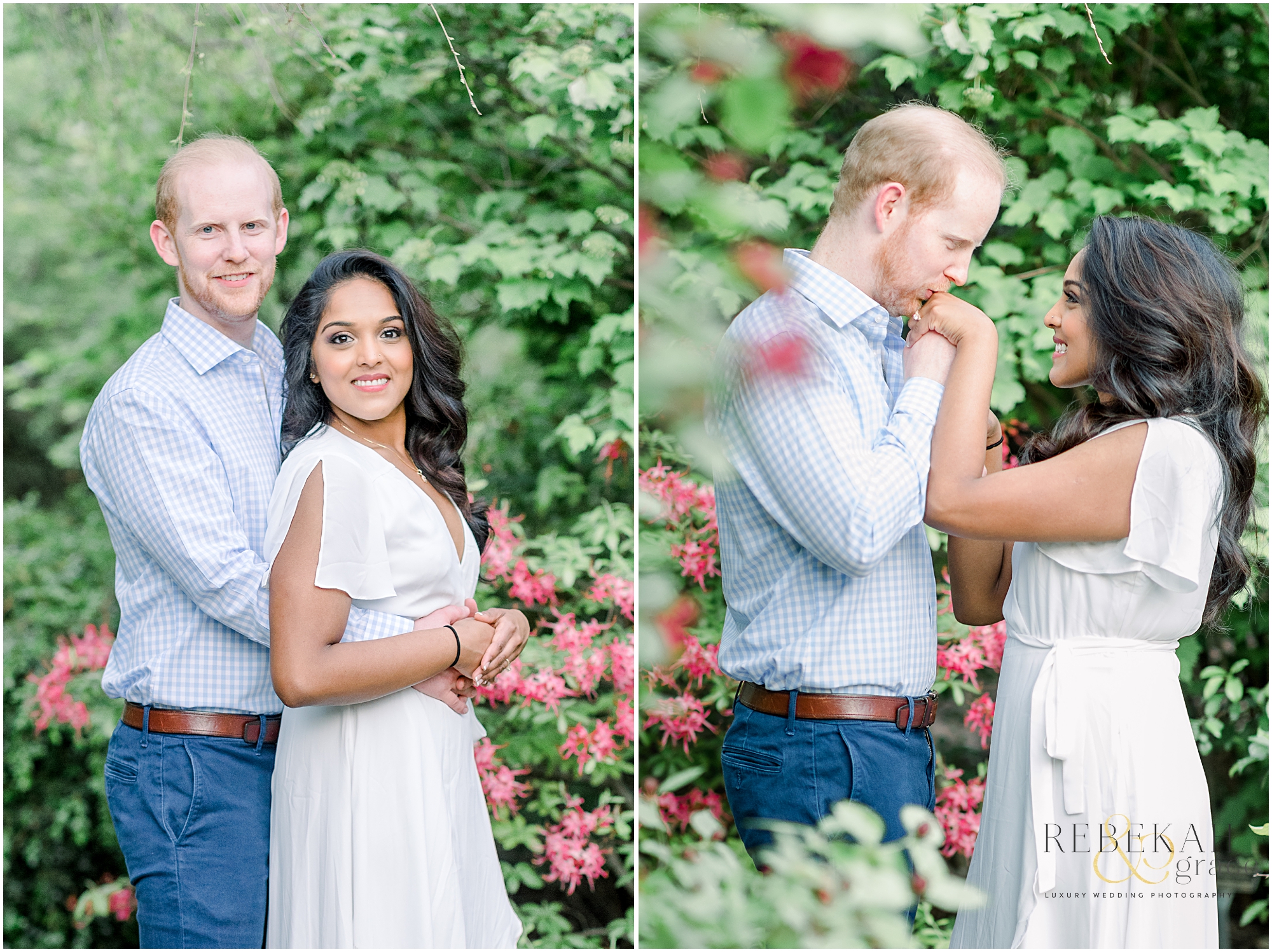 Custom gold engagement ring. Raleigh engagement photography taken at the JC Raulston Arboretum and Downtown Raleigh North Carolina. Photography by Rebekah & Grace Photography.