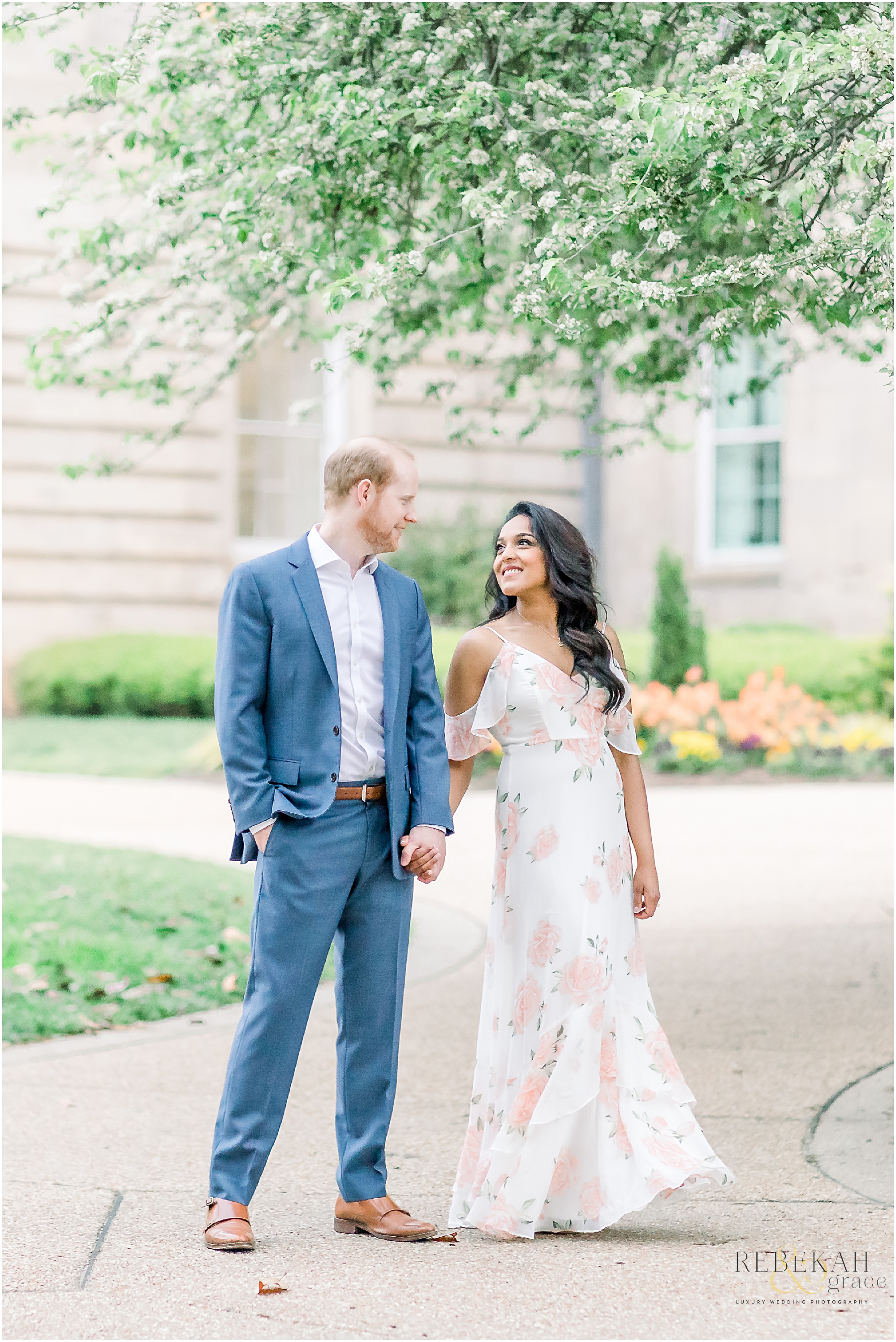 Custom gold engagement ring. Raleigh engagement photography taken at the JC Raulston Arboretum and Downtown Raleigh North Carolina. Photography by Rebekah & Grace Photography.