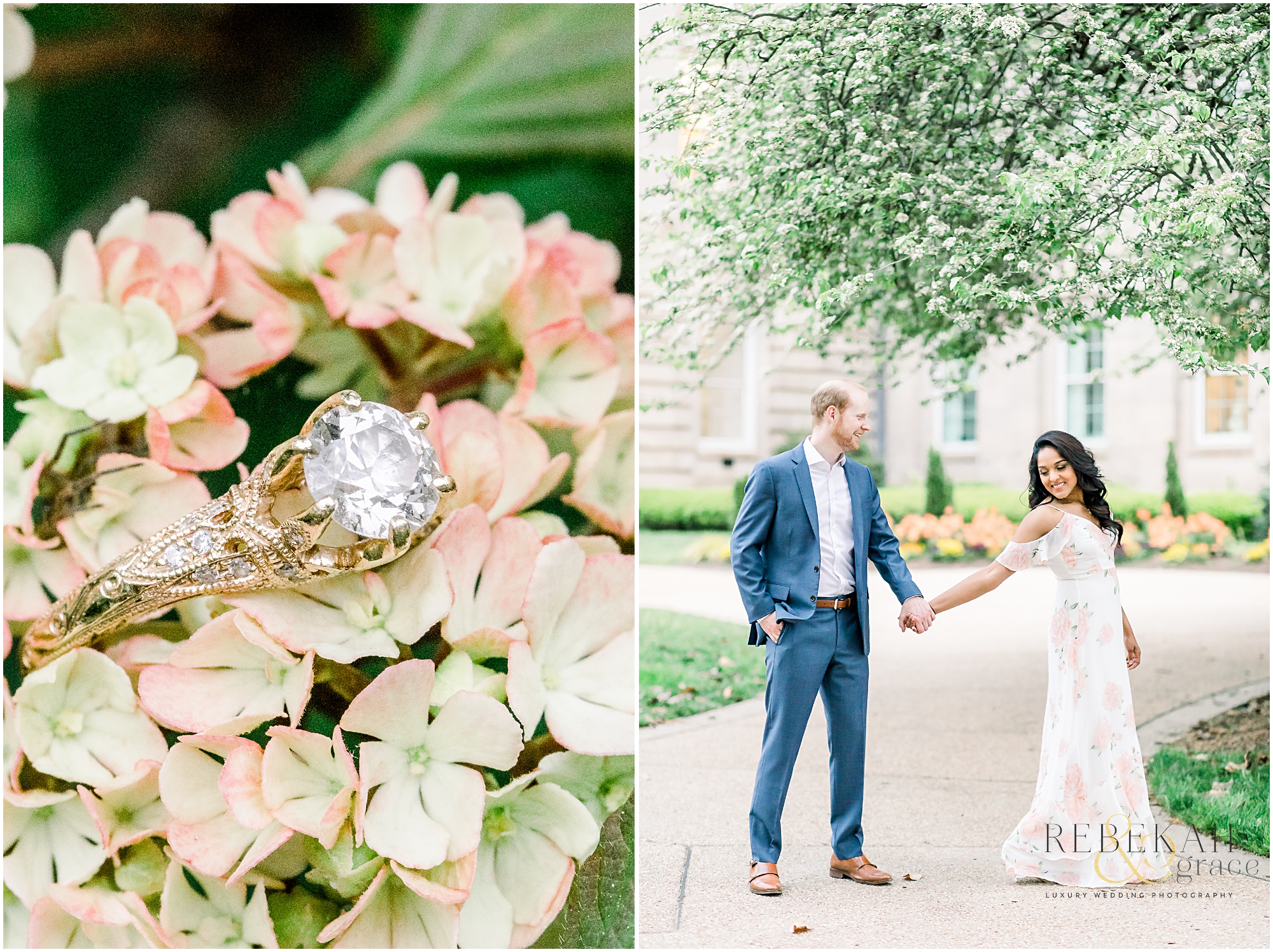 Custom gold engagement ring. Raleigh engagement photography taken at the JC Raulston Arboretum and Downtown Raleigh North Carolina. Photography by Rebekah & Grace Photography.