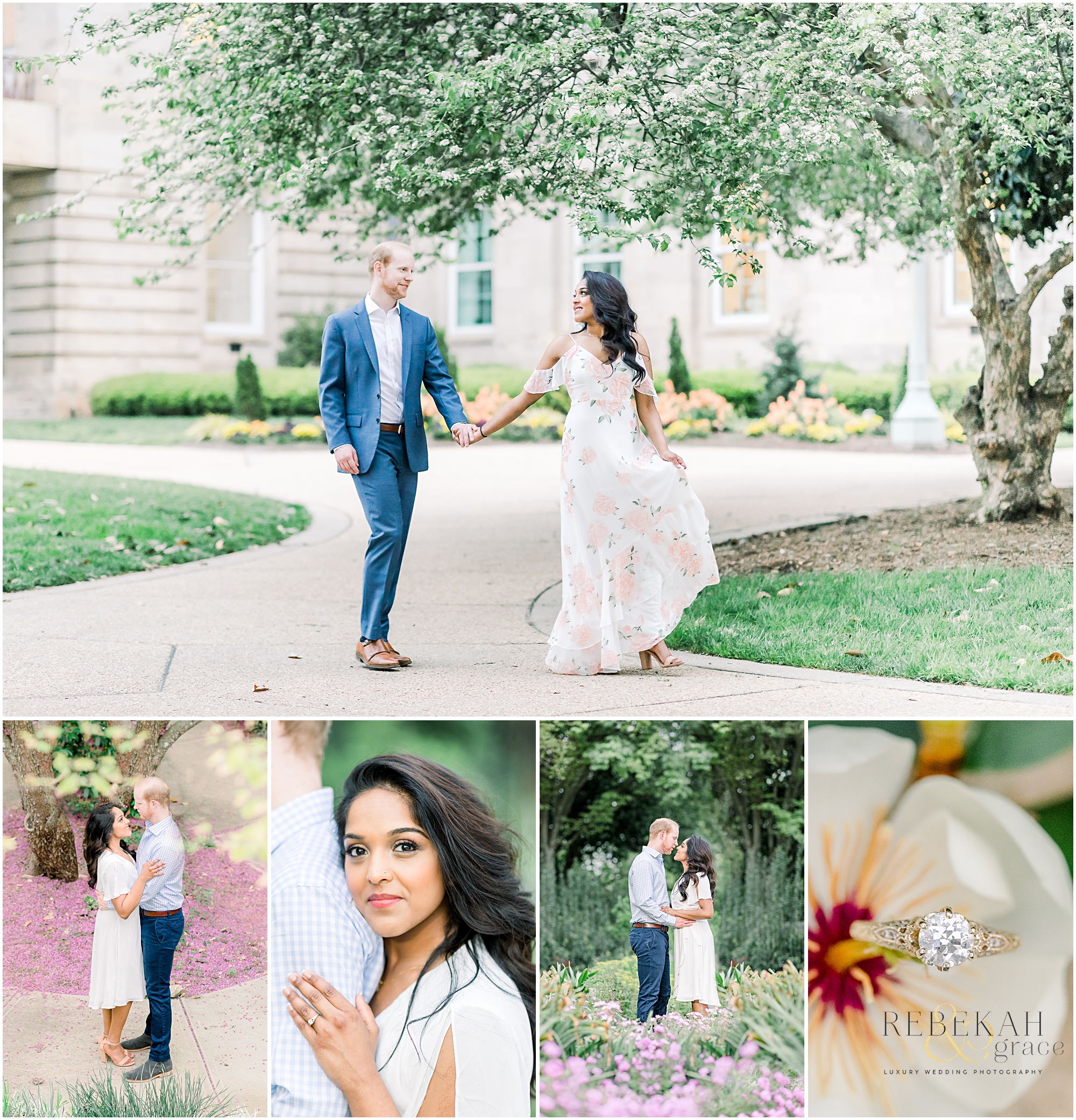 Custom gold engagement ring. Raleigh engagement photography taken at the JC Raulston Arboretum and Downtown Raleigh North Carolina. Photography by Rebekah & Grace Photography.